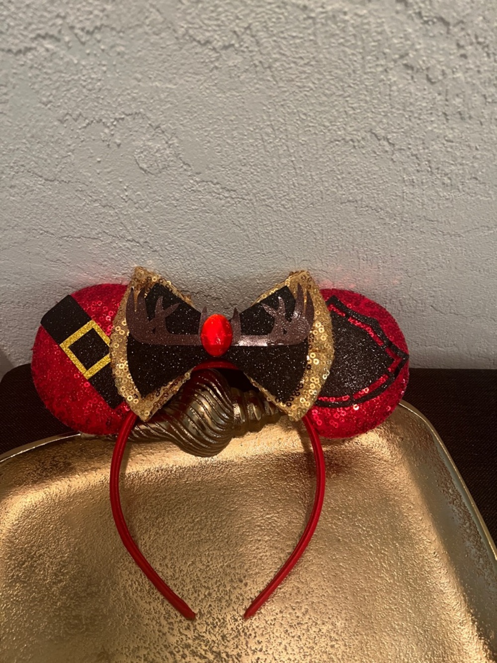#1874: Unisex’s Red Sequin Santa Claus Holiday Ear Headband with Gold Bow